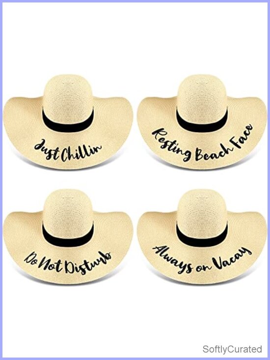 4 Pack Straw Floppy Sun Hats Embroidered Sayings Wide Brim Foldable Travel Beach main image 2